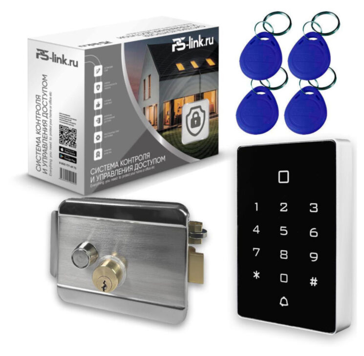 Система СКУД KIT-T12MF-SS на 1 дверь, сенсорная панель с RFID Mifare, никелевый замок, НЗ тип